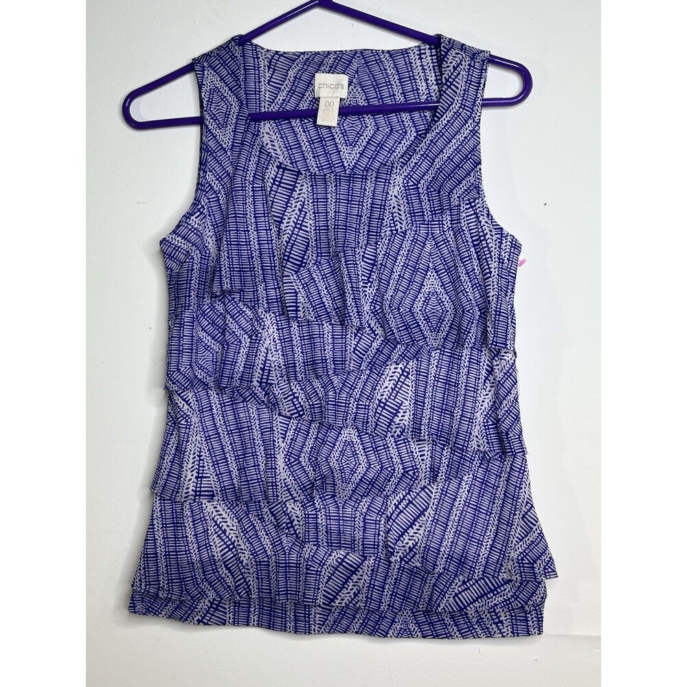 Chico's XS 00 Tired Art Print Purple Sketch Mesh Art Top